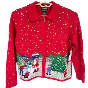 Design Studio Vintage Christmas Sweater Tree Santa Snowman Embroider S NWT